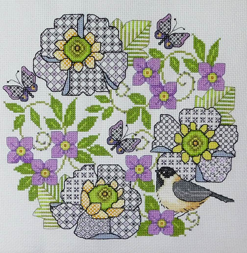 Blackwork Scabious and Chickadee