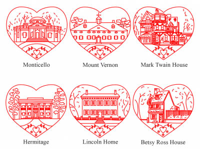 Hearts, Homes, History Redwork - set of 6  Kit