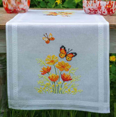 Orange Flower Butterfly Table Runner Embroidery Kit