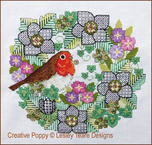 Blackwork Flowers with Robin